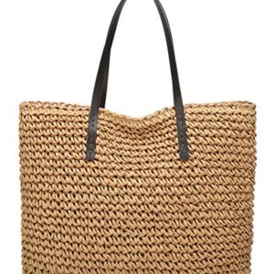 Straw Bag Round Summer Straw Large Woven Beach Bag Purse For Women Vocation Tote Handbags With Pom Poms (Lightcoffee)