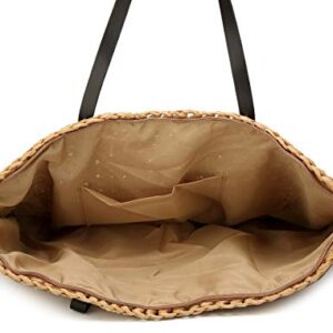 Straw Bag Round Summer Straw Large Woven Beach Bag Purse For Women Vocation Tote Handbags With Pom Poms (Lightcoffee)