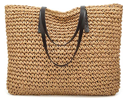 Straw Bag Round Summer Straw Large Woven Beach Bag Purse For Women Vocation Tote Handbags With Pom Poms (Lightcoffee)