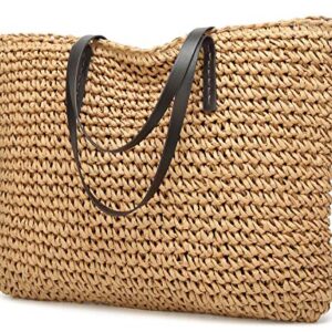 Straw Bag Round Summer Straw Large Woven Beach Bag Purse For Women Vocation Tote Handbags With Pom Poms (Lightcoffee)