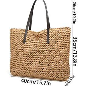 Straw Bag Round Summer Straw Large Woven Beach Bag Purse For Women Vocation Tote Handbags With Pom Poms (Lightcoffee)