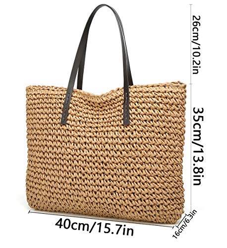 Straw Bag Round Summer Straw Large Woven Beach Bag Purse For Women Vocation Tote Handbags With Pom Poms (Lightcoffee)