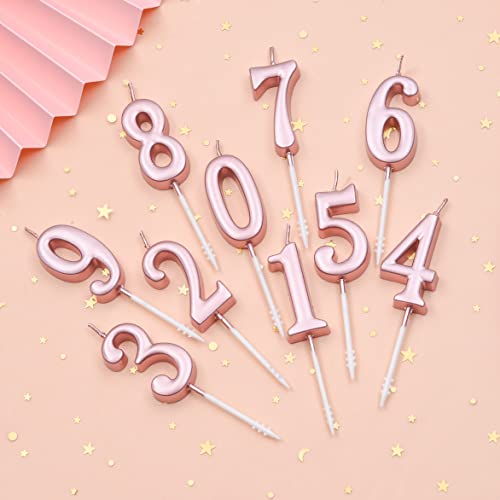 PHD CAKE 10-Pieces Rose Gold Numeral Birthday Candles, Cake Numeral Candles Number 0-9 Glitter Cake Topper Decoration for Birthday,Wedding Anniversary,Party Celebration