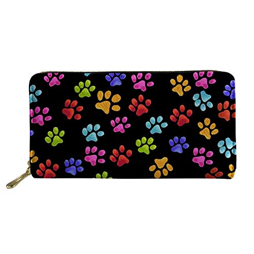 Pensura Women’s Colorful Dog Paw Print Leather Wallet Card Slots Mezzanine Zip Around Long Purse PU Leather Phone Holder