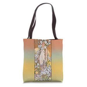 young woman beauty lilies art nouveau alphonse mucha tote bag