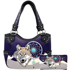 wolf embroidery dream catcher feather tribal conceal carry tote handbag purse (purple purse wallet set)