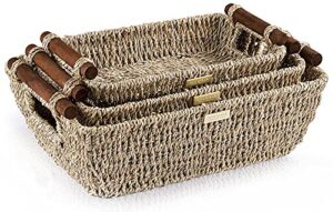ado basics wicker basket with stain resistant wooden handles, seagrass wicker baskets for organizing 14.6inchx10.5inchx5.3inch and 13inchx7.4inchx5.1inch and 9.5inchx6.6×4.5, set of 3,natural