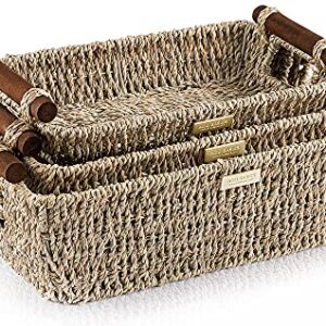 ADO Basics Wicker Basket with Stain Resistant Wooden Handles, Seagrass Wicker Baskets for organizing 14.6inchx10.5inchx5.3inch and 13inchx7.4inchx5.1inch and 9.5inchx6.6x4.5, Set of 3,Natural