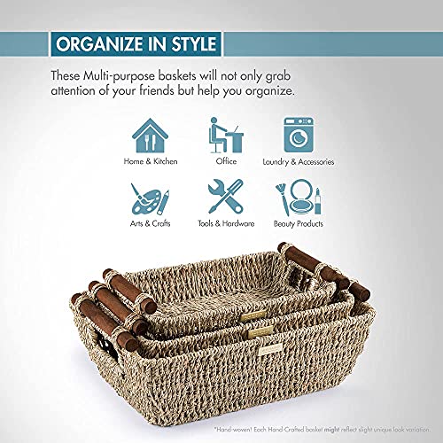 ADO Basics Wicker Basket with Stain Resistant Wooden Handles, Seagrass Wicker Baskets for organizing 14.6inchx10.5inchx5.3inch and 13inchx7.4inchx5.1inch and 9.5inchx6.6x4.5, Set of 3,Natural