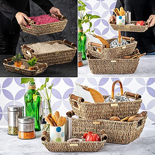 ADO Basics Wicker Basket with Stain Resistant Wooden Handles, Seagrass Wicker Baskets for organizing 14.6inchx10.5inchx5.3inch and 13inchx7.4inchx5.1inch and 9.5inchx6.6x4.5, Set of 3,Natural