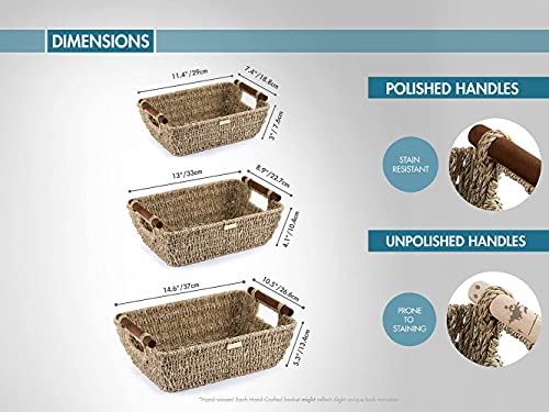 ADO Basics Wicker Basket with Stain Resistant Wooden Handles, Seagrass Wicker Baskets for organizing 14.6inchx10.5inchx5.3inch and 13inchx7.4inchx5.1inch and 9.5inchx6.6x4.5, Set of 3,Natural