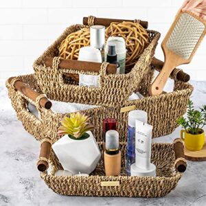 ADO Basics Wicker Basket with Stain Resistant Wooden Handles, Seagrass Wicker Baskets for organizing 14.6inchx10.5inchx5.3inch and 13inchx7.4inchx5.1inch and 9.5inchx6.6x4.5, Set of 3,Natural