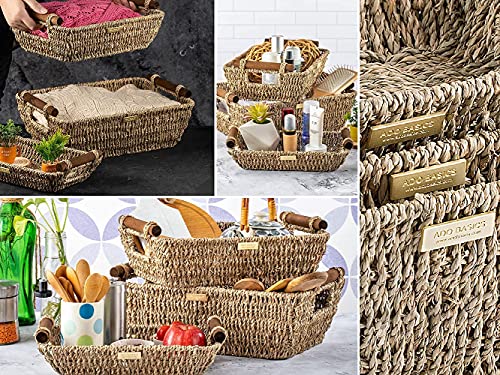 ADO Basics Wicker Basket with Stain Resistant Wooden Handles, Seagrass Wicker Baskets for organizing 14.6inchx10.5inchx5.3inch and 13inchx7.4inchx5.1inch and 9.5inchx6.6x4.5, Set of 3,Natural