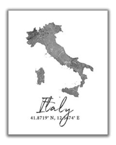 italy map wall art print – 8×10 silhouette decor print with coordinates. makes a great italian-themed gift. shades of grey, black & white.