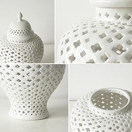 KKAI Ginger Jar Carved Lattice Decorative Temple Jar Ceramic White Ginger Jars for Home Decor ( Color : White , Size : Small )