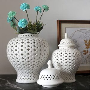 KKAI Ginger Jar Carved Lattice Decorative Temple Jar Ceramic White Ginger Jars for Home Decor ( Color : White , Size : Small )