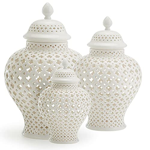 KKAI Ginger Jar Carved Lattice Decorative Temple Jar Ceramic White Ginger Jars for Home Decor ( Color : White , Size : Small )