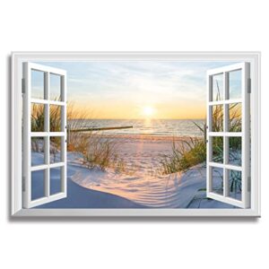 Woxfcart Window Beach Picture Canvas Wall Art Ocean Sunset Decor Yellow Natural Landscape with Framed 36x24