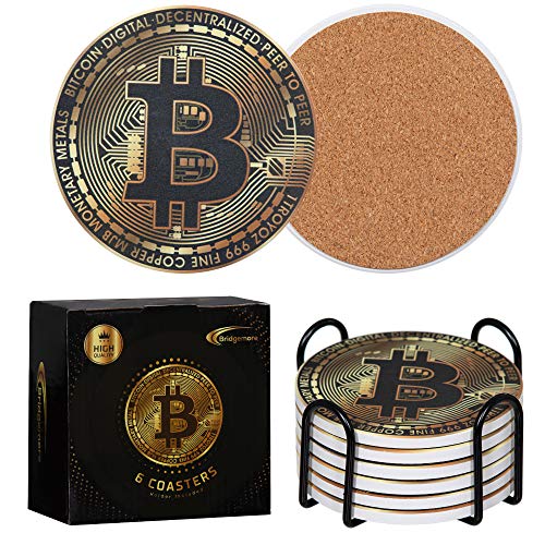 Bridgemore Physical Bitcoin Coasters for Drinks - Set of 6 Ceramic Bitcoin Coin Coasters for Drinks Absorbent with Holder - Great Bitcoin Gift Idea or House Warming Presents for New Home