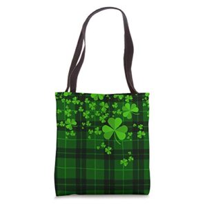 shamrocks on green plaid lucky clover st patricks day tote bag