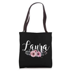 laura name personalized floral pink black women girls gift tote bag