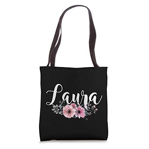 Laura Name Personalized Floral Pink Black Women Girls Gift Tote Bag