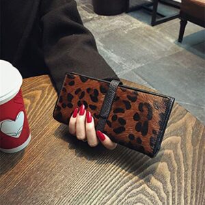 HANSOMFY 2021 New Horsehair Leather Wallet Women Long Leopard Print Coin Purse Drawstring Card Slot Large Capacity Wallets (Leopard)