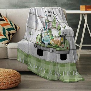 SUN-Shine Easter Blanket Luxury Fleece Throw Blankets, Green Plaid Truck with Dwarf and Egg Fuzzy Flannel Throws Super Soft Cozy Warm Blanket for Home Couch Sofa Bed Chair Wood Texture