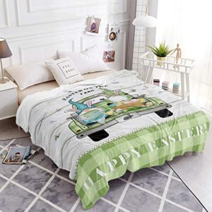 SUN-Shine Easter Blanket Luxury Fleece Throw Blankets, Green Plaid Truck with Dwarf and Egg Fuzzy Flannel Throws Super Soft Cozy Warm Blanket for Home Couch Sofa Bed Chair Wood Texture