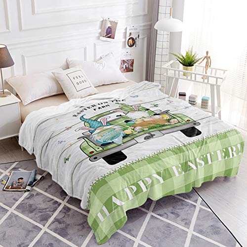 SUN-Shine Easter Blanket Luxury Fleece Throw Blankets, Green Plaid Truck with Dwarf and Egg Fuzzy Flannel Throws Super Soft Cozy Warm Blanket for Home Couch Sofa Bed Chair Wood Texture