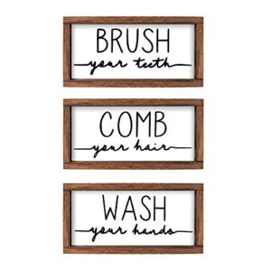 libwys bathroom sign & plaque (set of 3) wash your hands brush your teeth comb your hair decorative rustic wood farmhouse bathroom wall decor (white)
