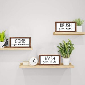 LIBWYS Bathroom Sign & Plaque (Set of 3) Wash Your Hands Brush Your Teeth Comb Your Hair Decorative Rustic Wood Farmhouse Bathroom Wall Decor (White)