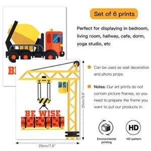 OOTSR 6 PCS Construction Trucks Wall Art Print, Inspirational Quote Canvas Print for Boys Game Room Decor, Playroom, Rec Room Poster, Vehicle Prints,(Unframed, 20 X 25CM)