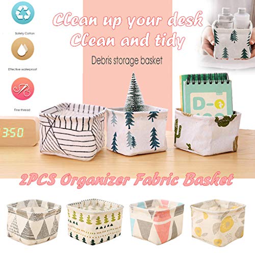 Lekgymr Durable Small Storage Baskets, 2pcs Cute Pattern Cotton Linen Fabric Mini Storage Bin Foldable Desktop Drawer Organizer Box for Home and Office