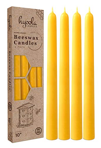 Hyoola 10" Beeswax Taper Candles - 10 Hour Burn Time - Yellow Beeswax Candles - 4 Pack