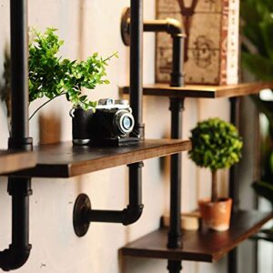 FOTEE Industrial Pipe Shelf Bracket, 2 Tiers Retro Wall Mounted Floating Shelf, Wood Look DIY Storage Shelving Bookshelf, Farmhouse Bathroom Shelving for Room/Kitchen/Office,Black