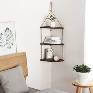 Sand Mine 3 Tier Wood Hanging Corner Shelf, Floating Wall Swing Storage Shelves, Wall Shelf Plant Shelf Rope Shelf Storage Shelf Swing Shelf Floating Shelves Handmade Shelves, Dark Brown