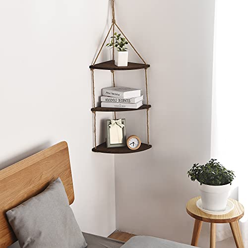 Sand Mine 3 Tier Wood Hanging Corner Shelf, Floating Wall Swing Storage Shelves, Wall Shelf Plant Shelf Rope Shelf Storage Shelf Swing Shelf Floating Shelves Handmade Shelves, Dark Brown