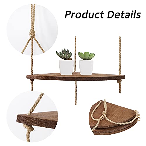 Sand Mine 3 Tier Wood Hanging Corner Shelf, Floating Wall Swing Storage Shelves, Wall Shelf Plant Shelf Rope Shelf Storage Shelf Swing Shelf Floating Shelves Handmade Shelves, Dark Brown