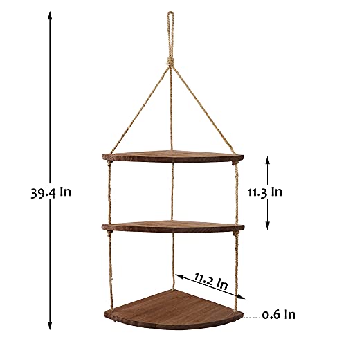 Sand Mine 3 Tier Wood Hanging Corner Shelf, Floating Wall Swing Storage Shelves, Wall Shelf Plant Shelf Rope Shelf Storage Shelf Swing Shelf Floating Shelves Handmade Shelves, Dark Brown