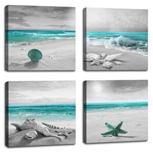 JUFENGART 4 panels green ocean beach wall decoration for bathroom beach canvas prints natural pictures home artwork bedroom living room wall art ready to hang size: 12x12inch/set