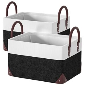 foldable storage bins baskets – decorative linen fabric storage baskets with steel frame and pu leather handles for organizing shelf closet