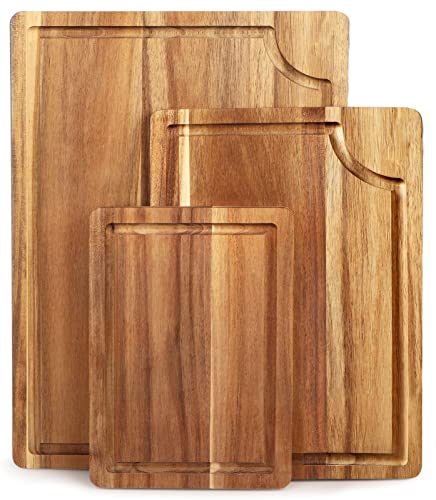 Acacia Wood Cutting Board Set with Juice Groove (3 Pieces) - Meat, Chesse,Vegetable Chopping Board, Organic Wooden Butcher Block for kitchen, Wood Cutting Board Set