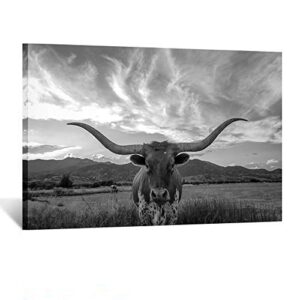 kreative arts black and white animal canvas wall art highland cattle with long horns picture texas longhorn in sunset farm painting for home decor modern living room decorations ready to hang 47x32inch