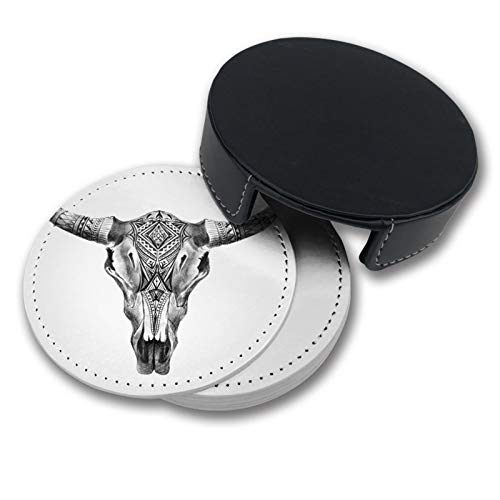 Coasters for Coffee Table Drinks, Bull Aztec Longhorn Skull Cow Western American Animals Leather Coasters Set of 6, Cups Place Mats for Great Home and Dining Room Decor