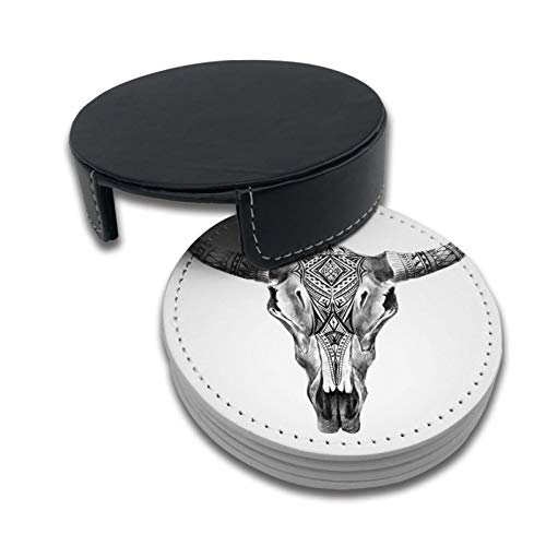 Coasters for Coffee Table Drinks, Bull Aztec Longhorn Skull Cow Western American Animals Leather Coasters Set of 6, Cups Place Mats for Great Home and Dining Room Decor