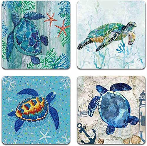 Watercolor Sea Turtle Square Coaster Set - Made of Recycled Rubber - Set of 4