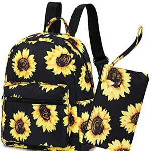 LEDAOU Mini Backpack Set Girls Fashion bookbags with Purse wallet backpack wallet set for Women Teens School Travel Bag (Black sunflower)