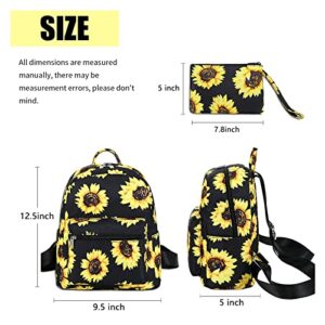 LEDAOU Mini Backpack Set Girls Fashion bookbags with Purse wallet backpack wallet set for Women Teens School Travel Bag (Black sunflower)