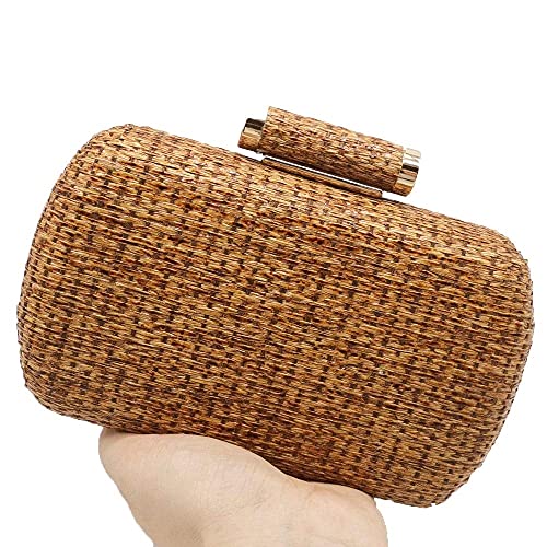 Boutique De FGG Casual Straw Clutch Purses for Women Chain Shoulder & Crossbody Bag Metal Evening Clutches (Small,Coffee)